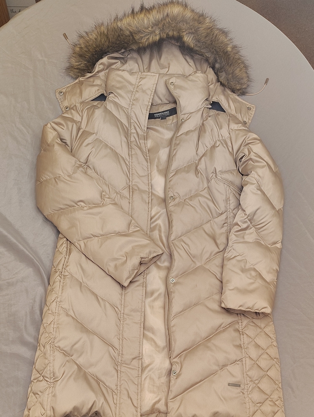 Kenneth Cole Long Puffer Coat with Faux Fur Hood - Beige